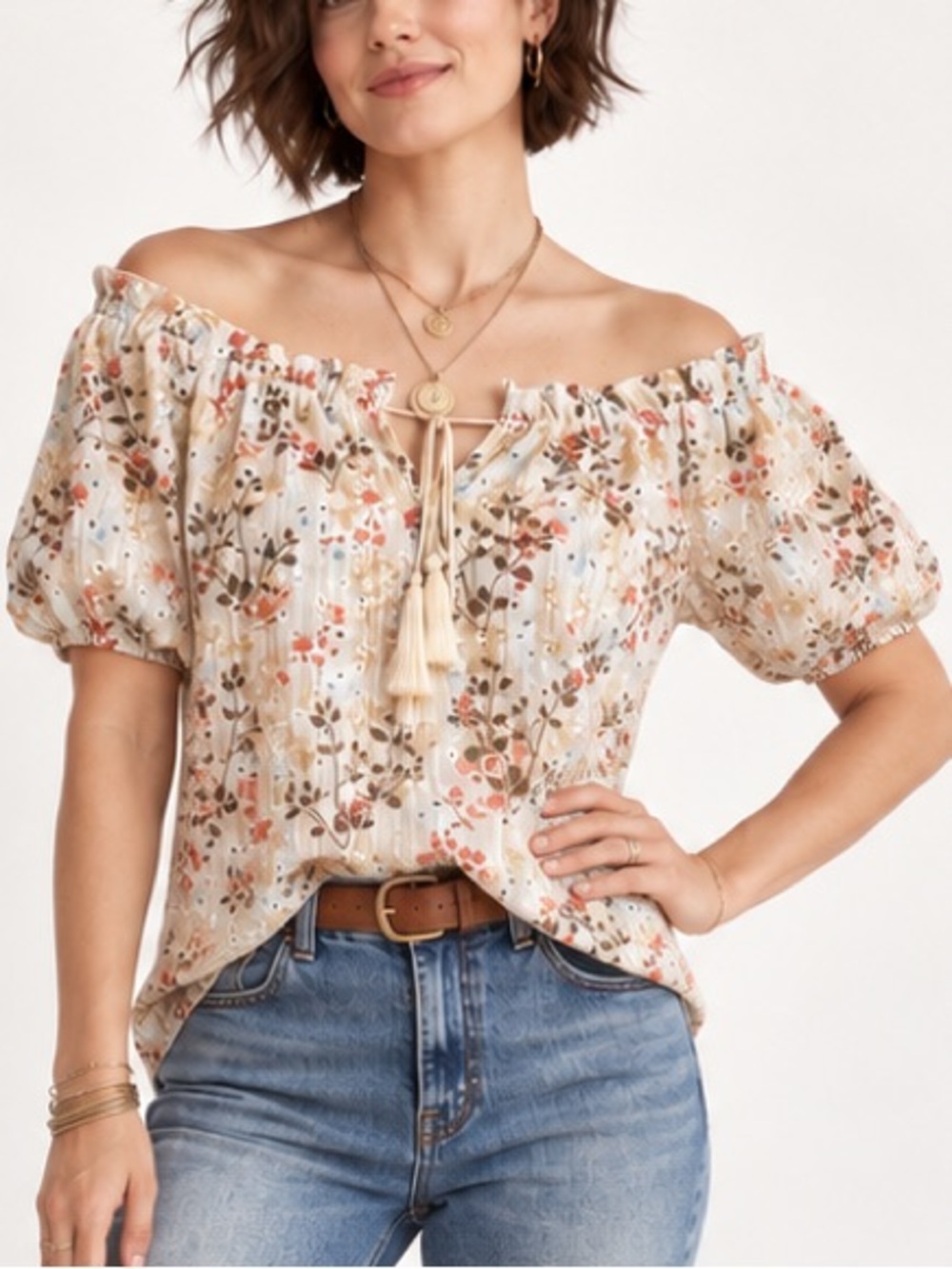 Solitaire Boho Peasant Blouse Tassel Tie
Cream Floral On/Off-Shoulder Top Small